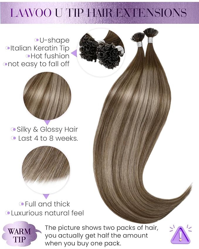 LaaVoo K Tip Hair Extensions Real Human Hair U Tip Hair Extensions Light Brown Mix Dark Golden Blonde Ktip Human Hair Extension Ombre Brown Hot Fusion Blonde 14 inch 50g/50s