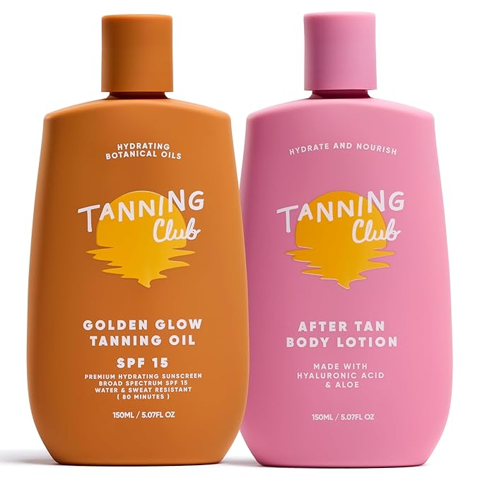 Tanning Club Golden Glow Care Duo: SPF 15 Tanning Oil and After Tan Lotion with Hyaluronic Acid – Water and Sweat Resistant for up to 80 Minutes – Hydrating Set for Soft, Radiant Skin