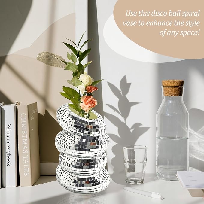 1Pcs Disco Ball Vase, Silver Mirror Finish Disco Ball Planter, Home Living Room Balcony Study Desk Party Decor.