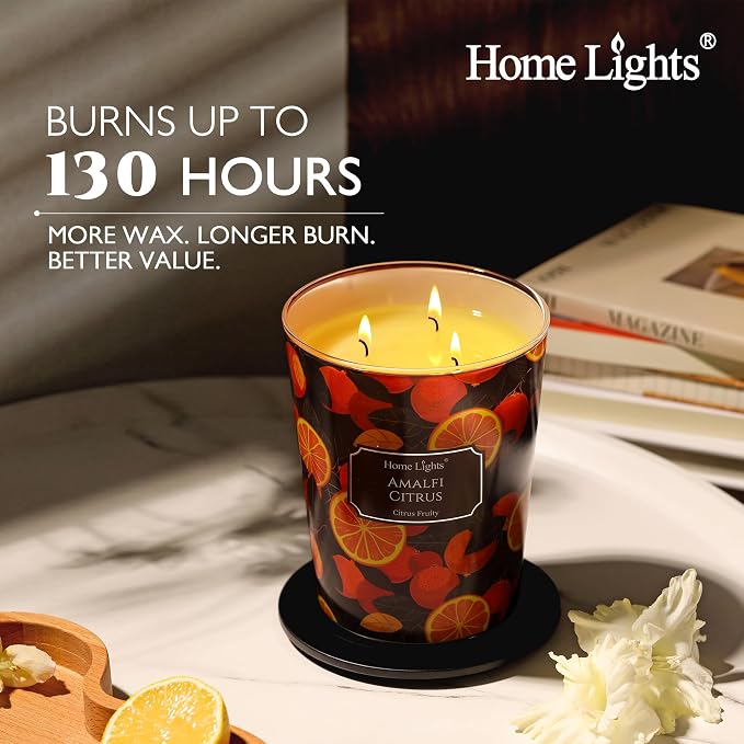 HomeLights 3-Wick Candles for Home Scented - 34oz Soy Wax Blend Candle Long-Lasting Fragrance, Eclectic Mixed Styles Home Decor and Housewarming Gifts, Amalfi Citrus