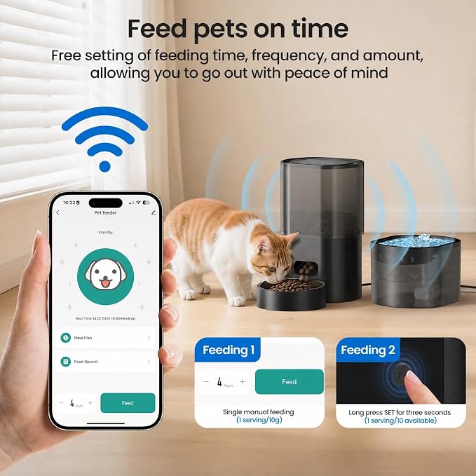 Automatic Cat Feeder and Water Fountain 2-in-1, Smart Timed Cat Food Dispenser with 2.4G WiFi APP Control, Automatic Dog Feeder and Water Dispenser with 10s Voice Recorder for Cats Small Dogs