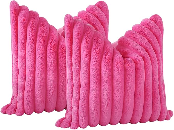 Soleebee Set of 2 Throw Pillow Covers Soft Cozy Velvet Pillowcase Faux Rabbit Fur Cover for Couch Sofa Bed Chair Home Decorative Pillows Cover (24x24 Inch, HOT Pink)