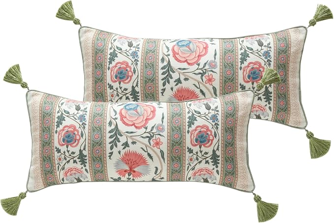 French Linen Rectangle Throw Pillow Cover,Set of 2,20"x12"-Daffy B | Designer French Elegant Pillow Cover,Concealed Zipper Design,Floral Pattern,Sofa,Bedroom,Living Room,Lounge Chairs