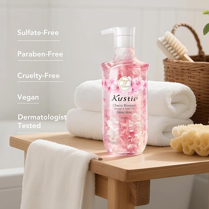 Kustie Cherry Blossom Petal Body Wash with Real Sakura Extract & Niacinamide - Hydrates & Softens Skin with Hyaluronic Acid - Antioxidant-Rich, Free From Parabens, Sulfates & Phthalates, 16.9 Fl Oz