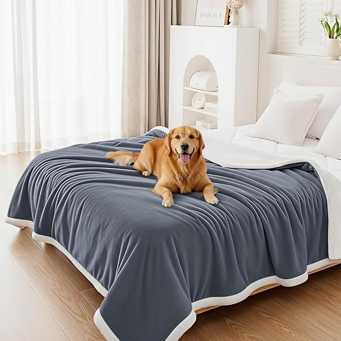 Smiry Waterproof Blanket Throw, Reversible Dog Blanket for Sofa Couch Bed | Soft Leakproof Sherpa Fleece, Washable Furniture Couch Protector for Large Dogs Cats, 60"x80", Grey/White