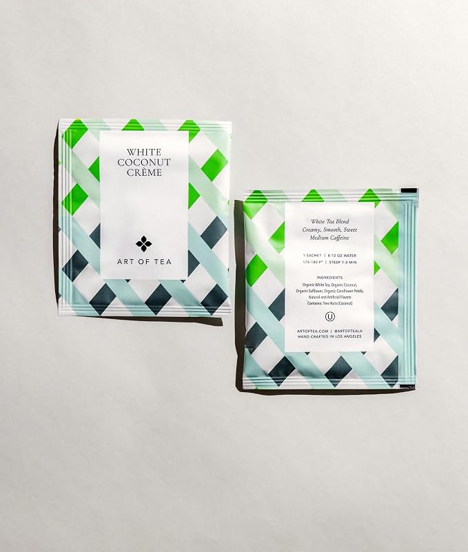 Art of Tea White Coconut Creme White Tea Bags, 50 Pyramid Sachets, Organic White Tea with Coconut & Vanilla Flavor, Low Caffeine Tropical Dessert Tea