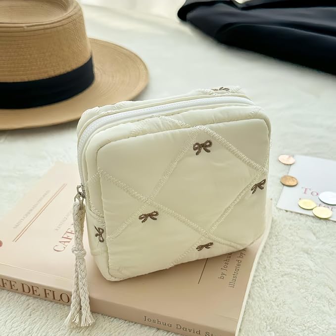 Small Makeup Bag | Discreet Period Bag Pad Pouch for Purse| Sanitary Napkin Storage & Tampon Holder for Travel (Quilted bow beige)