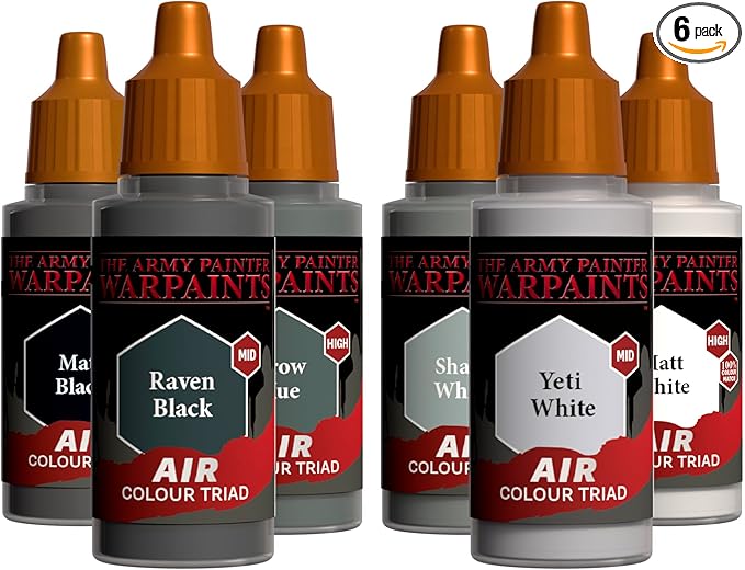 The Army Painter, Airbrush Primary Bundle Greyscale, 2 Colour Air Triads with 6 x 18 ml Pre-thinned Acrylic Spray Gun Paints - Paint Sprayer paint for D&D & Warhammer Miniatures