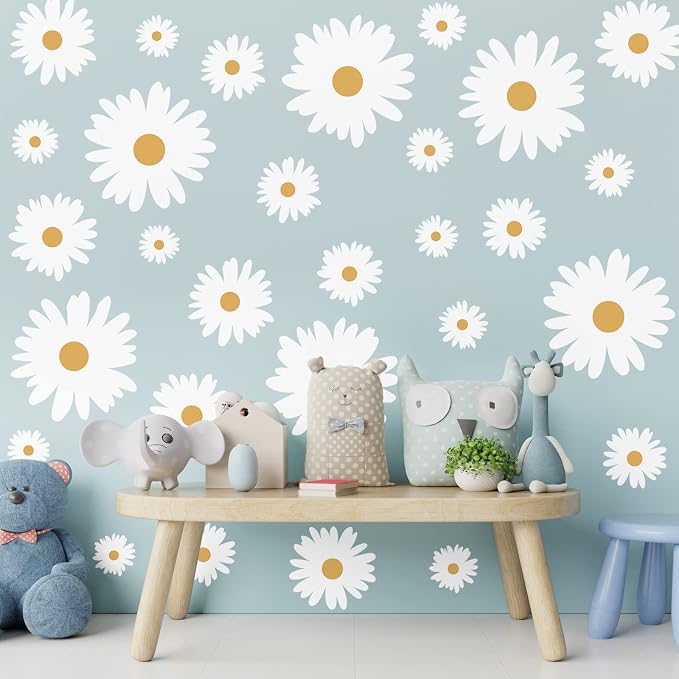 TaoBary 12 Sheet Daisy Wall Sticker Decal,White, Yellow,Multi Petal Style | Big Flower Wall Sticker, Pink White Floral Decal, Daisy Bedroom Room Decor, Removable Peel and Stick, Nursery Home Wall Decor