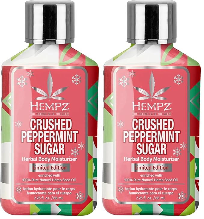 Hempz Mini Crushed Peppermint Sugar Herbal Body Lotion, Moisturizer for men and women, Holiday Gifts, 2.25 oz (Pack of 2)