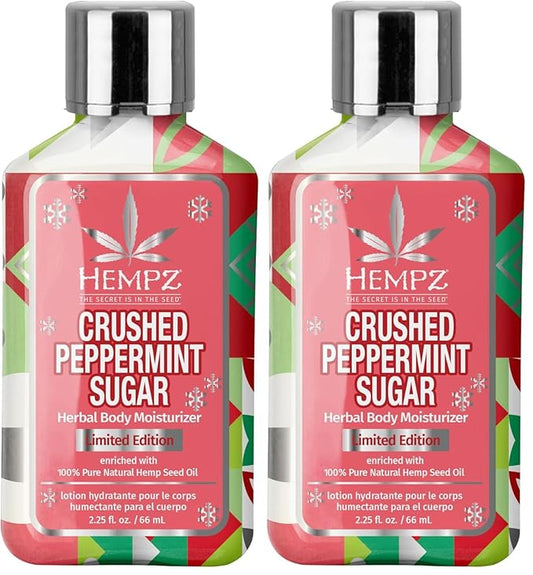 Hempz Mini Crushed Peppermint Sugar Herbal Body Lotion, Moisturizer for men and women, Holiday Gifts, 2.25 oz (Pack of 2)