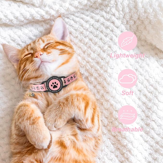GPS Cat Tracker Collar (iOS & Android), No Monthly Fee GPS Dog Tracker Pink | Mini Bluetooth Smart Anti-Lost Pet Finder Tag Works with Apple Find My & Google Find Hub