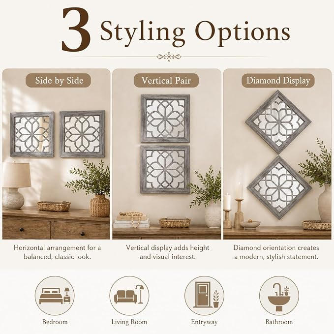 Boho Wall Mirror Decor, Set of 2 Rustic Farmhouse Accent Mirrors 12x12 Inch, Square Acrylic Shatterproof Vintage Style Mirror for Wall, Small Decorative Mirrors for Living Room, Bedroom, Brown