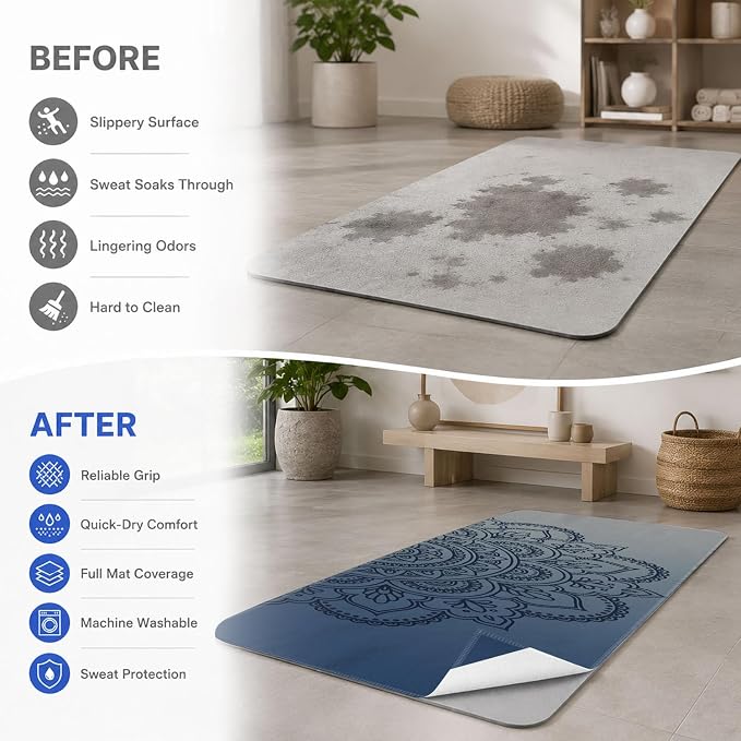 Yoga Mat Towel, Hot Yoga Non Slip with 4 Corner Pockets, 74 x 26 in | Soft Absorbent Microfiber With Four Corner Pockets, Fits Over Yoga Mats For Hot Yoga, Pilates, Gym, And Travel