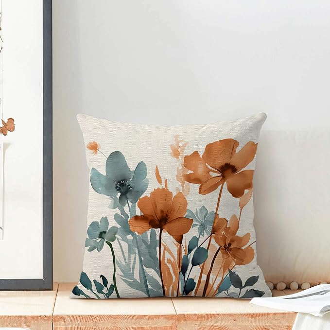 Floral Pillow Covers 18x18 Inches Set of 2 Blue Orange Floral Throw Pillow Cover Outdoor Decor Rustic Orange Flower Decoration Pillowcase Farmhouse Decorative Linen Cushion Cover For Sofa Couch