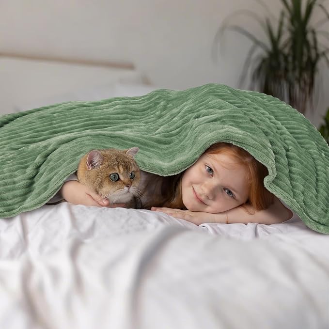 Vessia Flannel Fleece Throw Blanket, 300GSM Cozy Sage Green Striped Throw for Couch, Sofa and Bed, Warm and Soft Cozy Green Microfiber Ribbed Blanket for All Season(50x40inch)