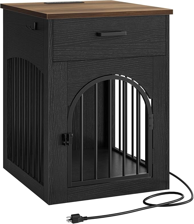 CHOEZON Dog Crate Furniture, Wooden Dog Kennel with Charging Station and Storage Drawer, Indoor Pet Crate End Table for Small Breeds,Dog Cage for Living Room, Bedroom, Black and Walnut MGW01UBL