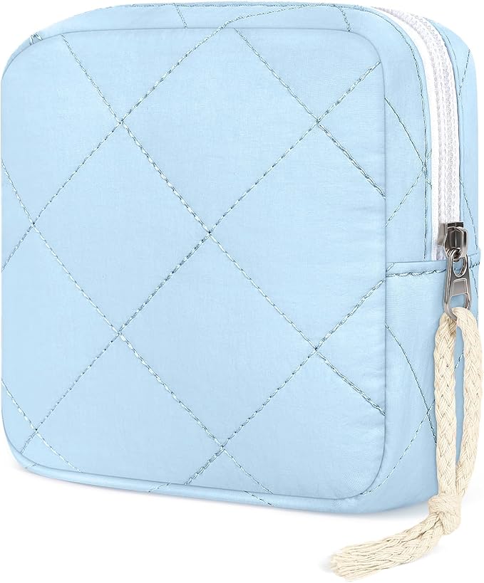 Likesing Quilted Period Bag, Period Pouches for Teen Girls Womens, Portable Nylon Sanitary Napkin Storage Bag Feminine Emergency Tampon Pad Pouch(Blue)