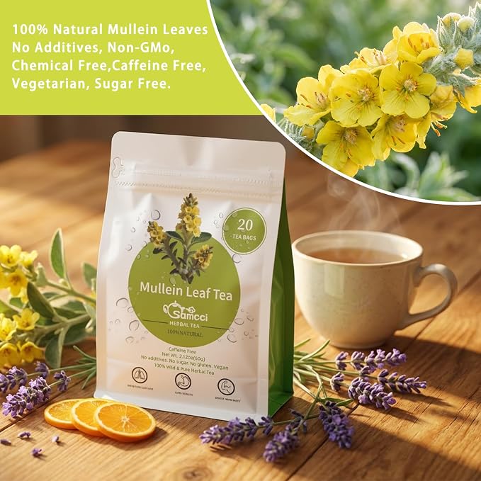 Samcci - Mullein Tea Bags, 20 Teabags, 3g/bag, 100% Pure Mullein Tea Bags for Lungs Cleanse, Natural Herbal Tea Bags, Caffeine Free & No Additives Mullein Leaf Tea for Detox & Respiratory Support