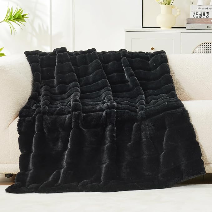 Cozy Bliss Deluxe Sheared Rabbit Faux Fur Throw Blanket, Black 60"x80" | Soft Fuzzy High-Low Sculpted Plush Blanket for Couch, Cozy Home Accent, All Season Use