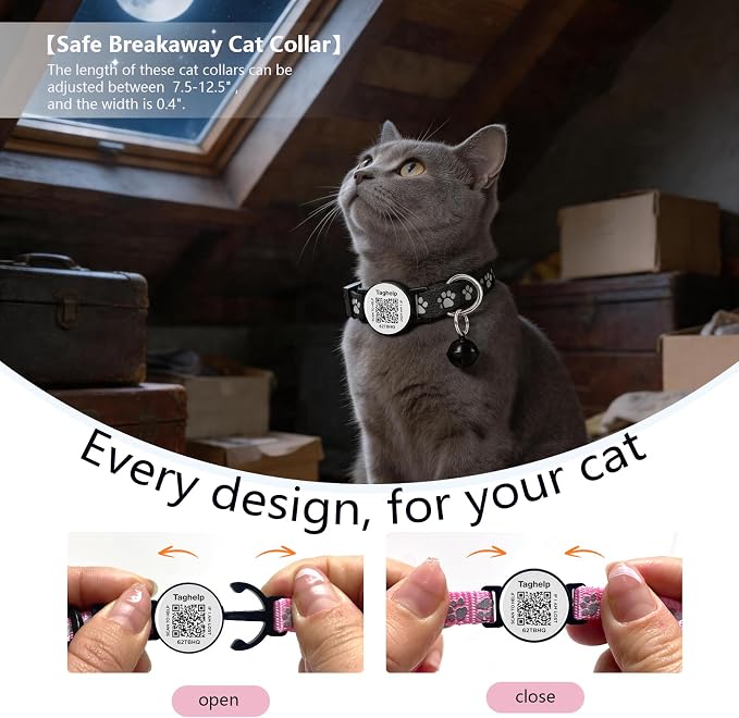 2 Pack Airtag Cat Collar, Breakaway Cat Airtag with Smart ID tag & QR Code Reflective (Reflective Strip & Paw Pattern - Black, Collar Only)