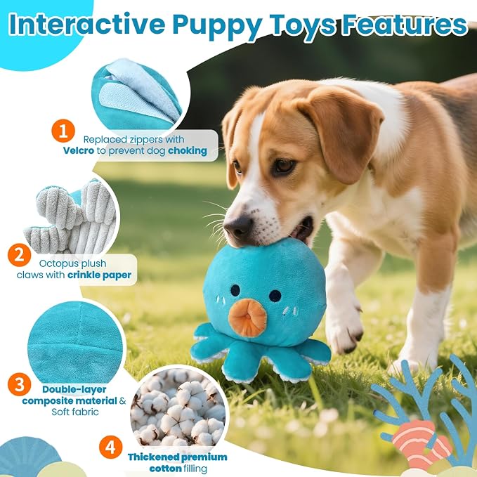 Interactive Dog Toys, Moving Squeaky Octopus Toy with Bouncing Ball, Rechargeable Rolling Dog Toy for Small Medium Large Dogs to Keep Them Busy, Jumping Music Talking Recording Mode