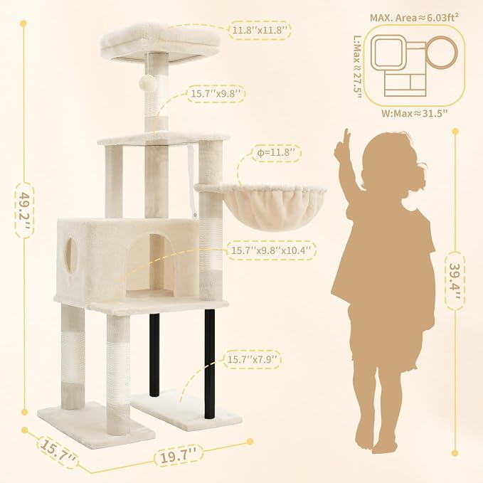 Heybly Cat Tree with Toy, 49.2 inch Cat Tower for Indoor Cats HCT200SM | Spacious Cat House Condo with Hidden Space，Soft Plush Top Perch，Cozy Hammock and Sisal Scratching Posts, Beige