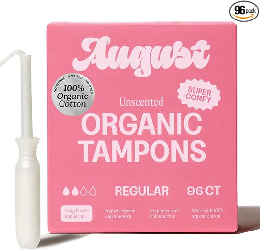 August Organic Cotton Tampons, 96 Regular Tampons Made with Organic Cotton, Long Applicators, Non-Toxic, Fragrance & Chlorine-Free, Hypoallergenic (6 Boxes of 16/12 Boxes of 8)