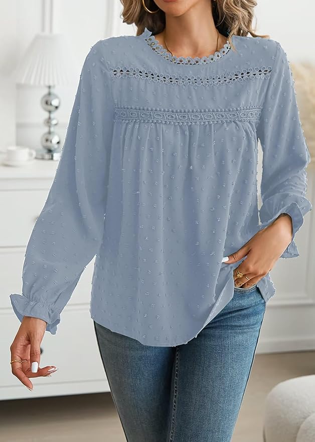 Womens Boho Tops Long Sleeve Shirts For Women Cute Crewneck Blouse Dressy Casual Swiss Dot Crochet Hollow Top 2026