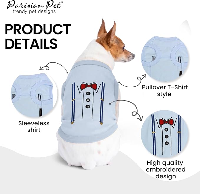 Parisian Pet Dog Shirt – 100% Cotton Bow Tie Shirts for Small Dogs – Sleeveless Puppy Clothes – Lightweight and Breathable Pet Apparel – Formal Tuxedo Boy Dog Clothes - Stretchy T Shirts for Dogs