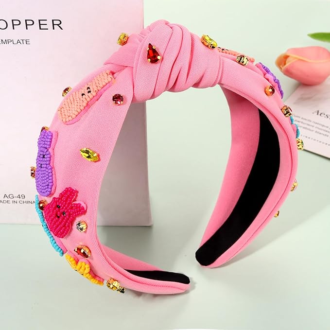mokkia Easter Headbands Beaded Rabbit Bunny Headband for Women Pink Spring Knotted Headband Easter Hair Accessories Gifts