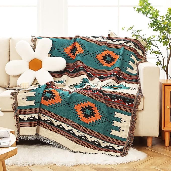 Homesy Aztec Throw Blanket Native Southwestern Bed Blankets 51"x63" Green | Southwest Decor,Boho Style,Sofa Chair Cover,Outdoor Beach Car Tent Travel Camping Use,Tapestry,Reversible and Tassels