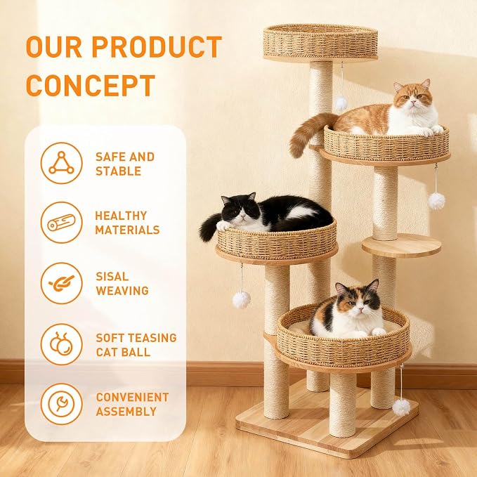 54in Solid Wood Cat Tree for Indoor Cats, Modern Tall Cat Tower | Multi-levels Cat Condo, with Scratching Post, with 4 Handwoven Rattan Cat Bed, for Large Cat, Easy to Clean