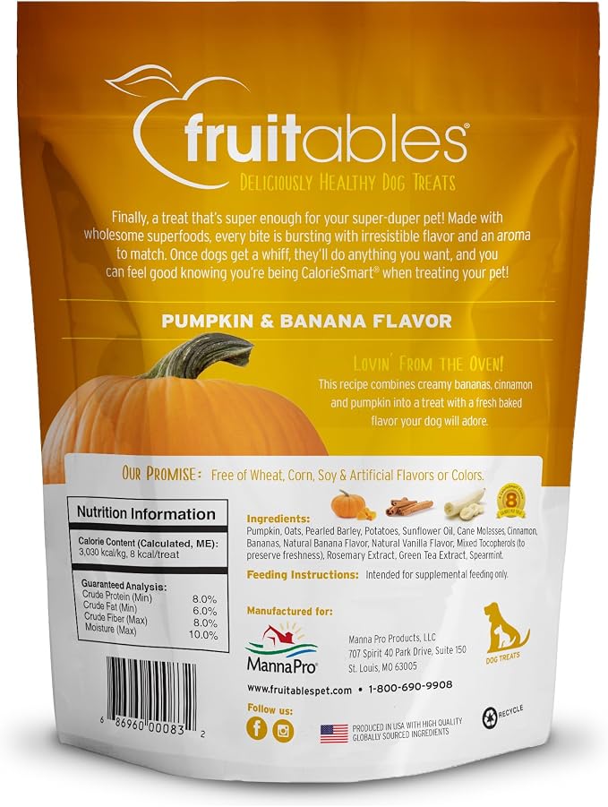 Fruitables Baked Dog Treats, Healthy Pumpkin Treat for Dogs, Low Calorie & Delicious, No Wheat, Corn or Soy, Made in the USA, Pumpkin and Banana Flavor, 12oz (Pack of 2)