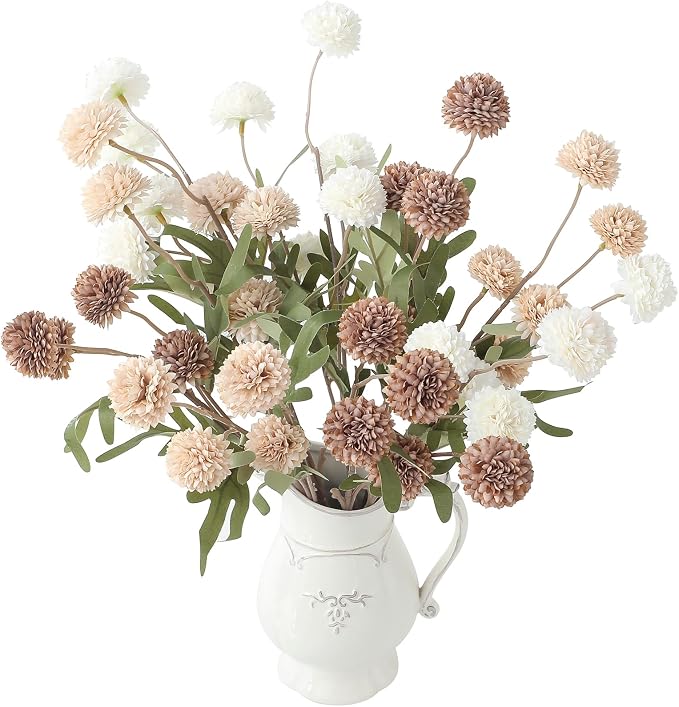 9pcs Taupe Beige Mix Faux Silk Mums Artificial Flowers, Bulk Fake Small Mini Chrysanthemums with Stems for DIY Wedding Centerpieces Floral Arrangements Vase Fillers Home Decorations