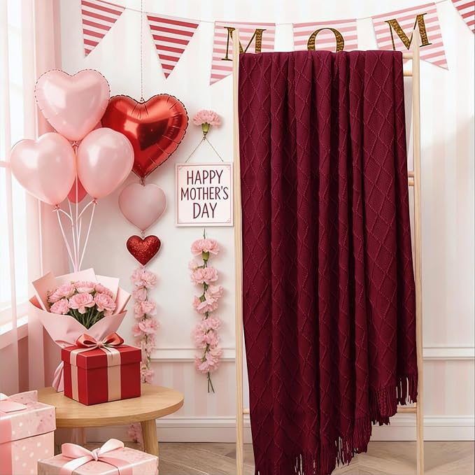 inhand Claret Knitted Throw Blanket for Couch and Bed, 60"x80" | Gifts for Mom from Daughter Son, Soft Lightweight with Tassel, Farmhouse Warm Decorative Blanket for Women, Cozy Knit