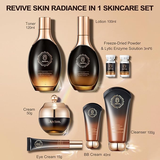 Ginseng Anti-Aging Skin Care Set,12PCS Face Care Kit with Cleanser, Toner,Serum,Freeze-Dried Powder, Eye Cream,Face Cream & BB Cream | Deep Hydration,Firming & Brightening Skincare Gift Set for Women