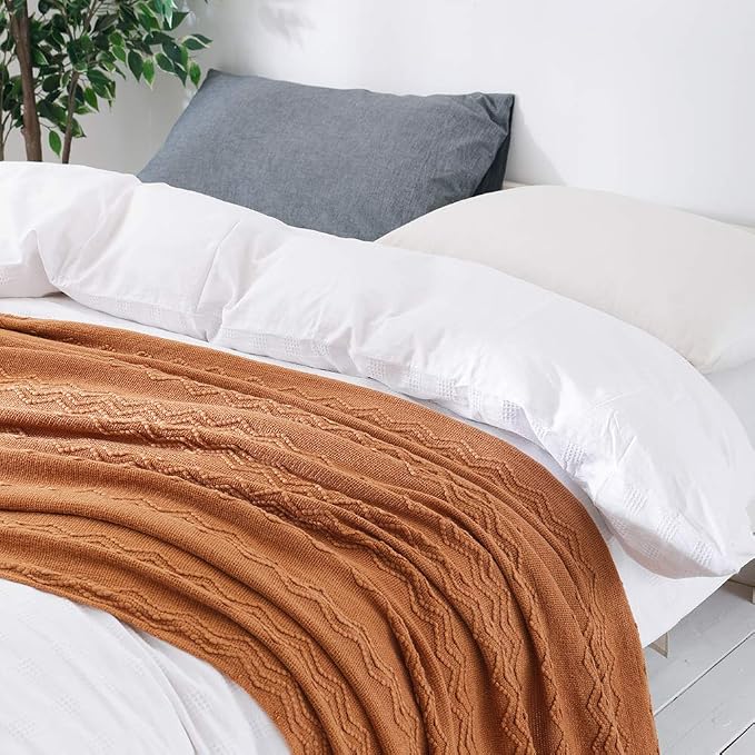 BOURINA Almond Throw Blanket 50x60Inch Boho Knitted Soft Throw Sofa Blanket | Knitted Throw Blanket 50x60 Inches, Soft Lightweight Boho Weave Throw Decorative Couch Blanket for Living Room Bedroom Chair