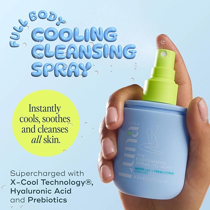 Luna Daily The Everywhere Spray-To-Wipe | Cooling Body Mist & Hydrating pH-Balanced Feminine Care | Cooling Water Lily + Fresh Citrus | Anti-Chafing & Odor Control 80ml