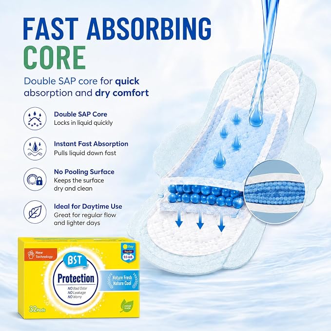 BST Mint Fresh Pads for Women, Breathable Thin Sanitary Napkins with Wings, Odor Control, Moderate Absorbency, Feminine Care, Active Lifestyle Use（Regular, 32 Count, Packaging May Vary
