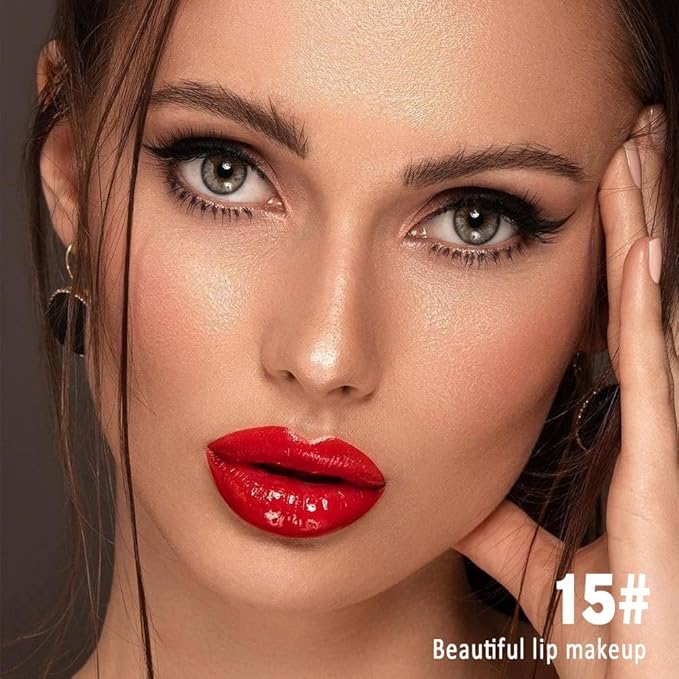 evpct Cool Ruby Red Shiny Glossy Longwear No-Budge Liquid Lip Color Lipstick Makeup, Highly Pigmented Color Instant Shine, Waterproof Long Lasting Lipstick Women, Lip Stain Gloss with Lip Liner Brush