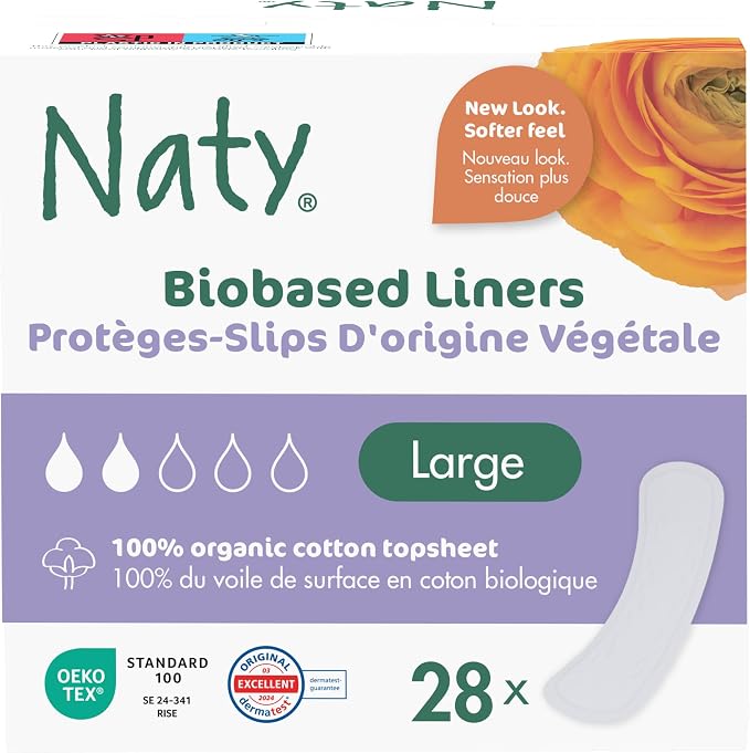 Naty Daily Panty Liners for Women, Large, Wrapped, 28 Count | 100% Organic Cotton top Sheet, Certified Skin-Safe, Thin, Unscented, Absorbent Protection, Comfortable & Breathable