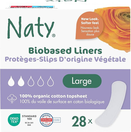 Naty Daily Panty Liners for Women, Large, Wrapped, 28 Count | 100% Organic Cotton top Sheet, Certified Skin-Safe, Thin, Unscented, Absorbent Protection, Comfortable & Breathable