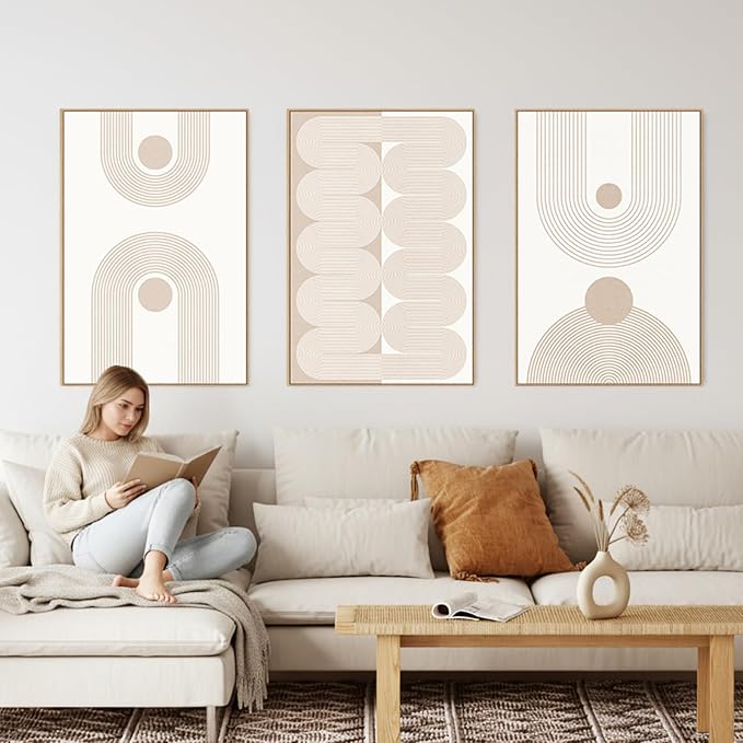 SAFERRYHOME Boho Neutral Abstract Beige Modern Wall Art Set of 3,16"x24" | Mid Century Neutral Framed Canvas Print Modern Wall Decor,Geometric Line Artwork for Living Room Bedroom Office,Ready to Hang