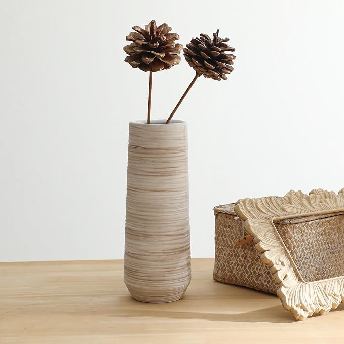 ALMA 9" White Flower Vase, Small Table Vase for Pampas Grass | Modern Ceramic Vase with Brushed Finish, Adding Rustic Charm to Living Room, Dining Table, Bedroom, Bookshelf,Home Decor Gift