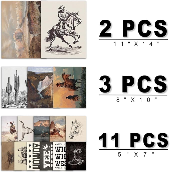 ANERZA 16 PCS Western Wall Art Decor, Southwestern Gallery Wall Prints for Bedroom Bathroom, Cowboy Posters for Living Room Aesthetic, Dorm Home Artwork Collage Kit