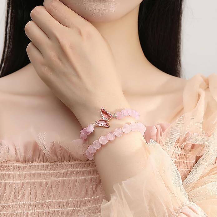 DUQGUHO 2Pcs Butterfly Bracelets for Women Healing Crystals Bracelets for Women Natural Gemstone Bead Bracelet Cute Butterfly Charm Bracelet Stretch 8mm Crystal Jewelry Gifts for Women