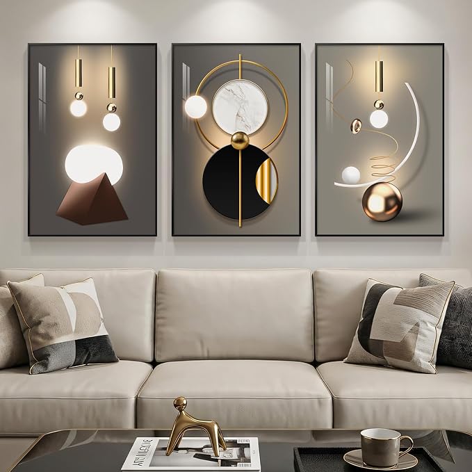 3 Piece Framed Black and Gold Abstract Wall Art for Living Room, Large Modern Luxury Geometric Picture Prints Paintings, Bright Style Artwork for Bedroom Dining Room Office Wall Decor 20x30 Inch