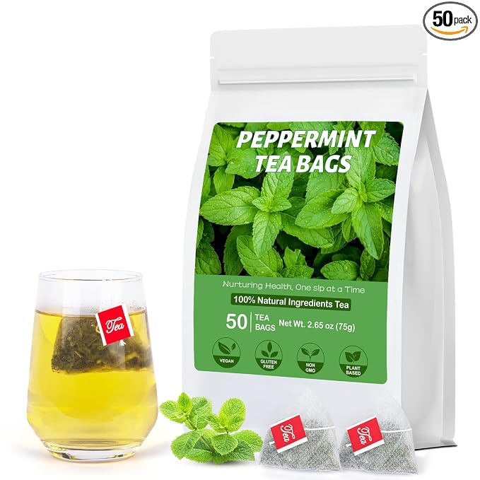 Peppermint Tea, 50 Tea Bags - Pure Peppermint Leaves, Caffeine Free Mint Herbal Tea Bags - Supports Healthy Digestion, Wellness & Refreshment (50 Counts, Pack of 1)