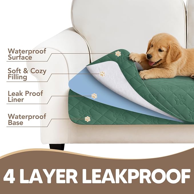 PAWFINITY Waterproof Loveseat Covers for Dogs, Pet Blanket for Couch | Paw Print Quilted, Hair Resistant, Anti Cat Scratch, Washable Protector for 2 Seat Sofa & Chair Cushion, 30x62 Inch, Green